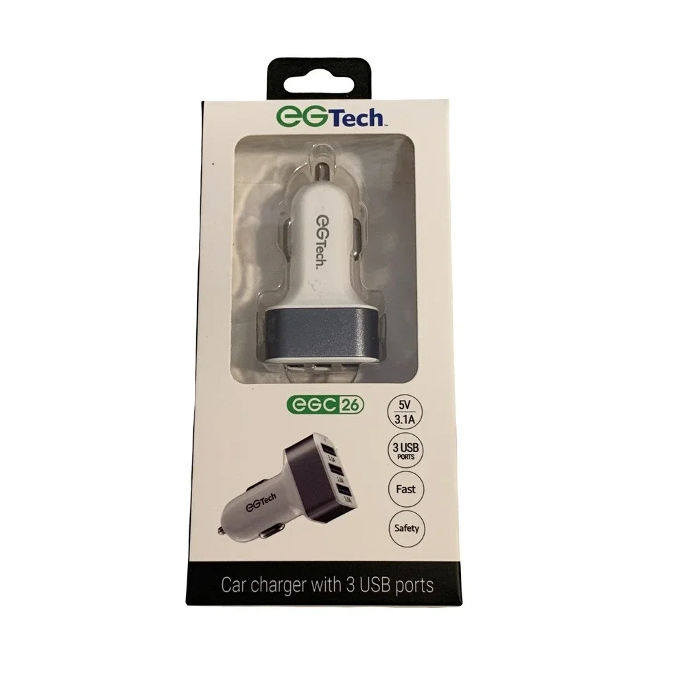 EGTech EGC 26 Car Charger 3 USB Ports 5V 3.1A Fast Charging Adapter White Grey